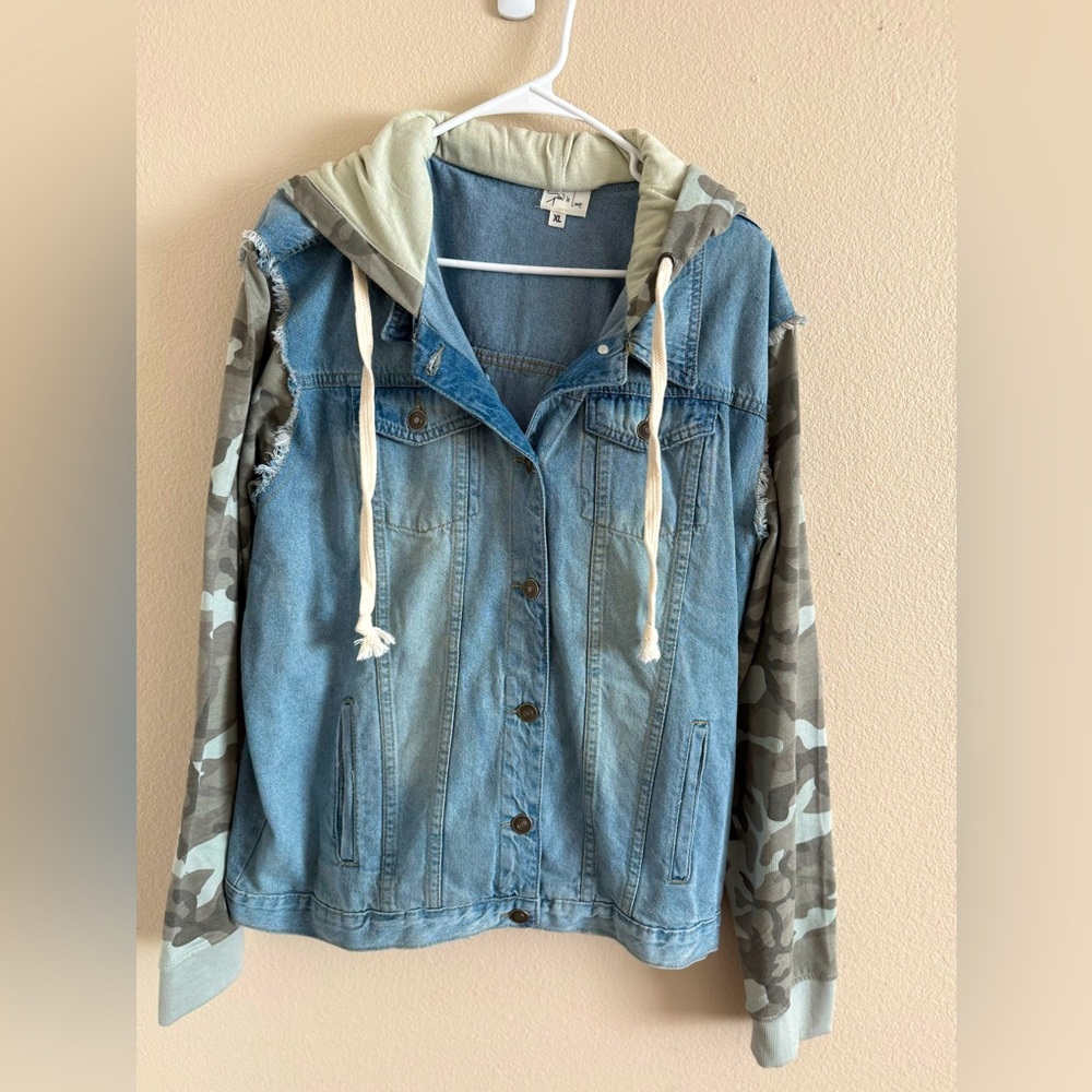 Sew In Love Denim Jacket‎ with Camo Sleeves & Hoodie size XL